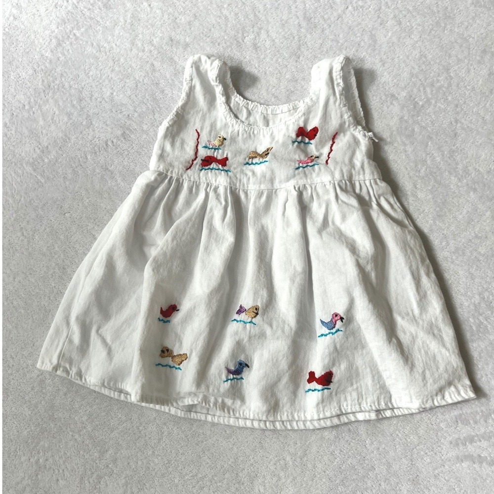 Vintage Style Embroidered Bird Cotton Dress White Sleeveless 12-18M